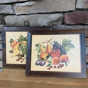 2 VTG Fruit Decoupage R F Harnett Prints Still Life Wood Plaque Wall Art